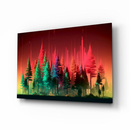 Neon red green pine forest glass wall art