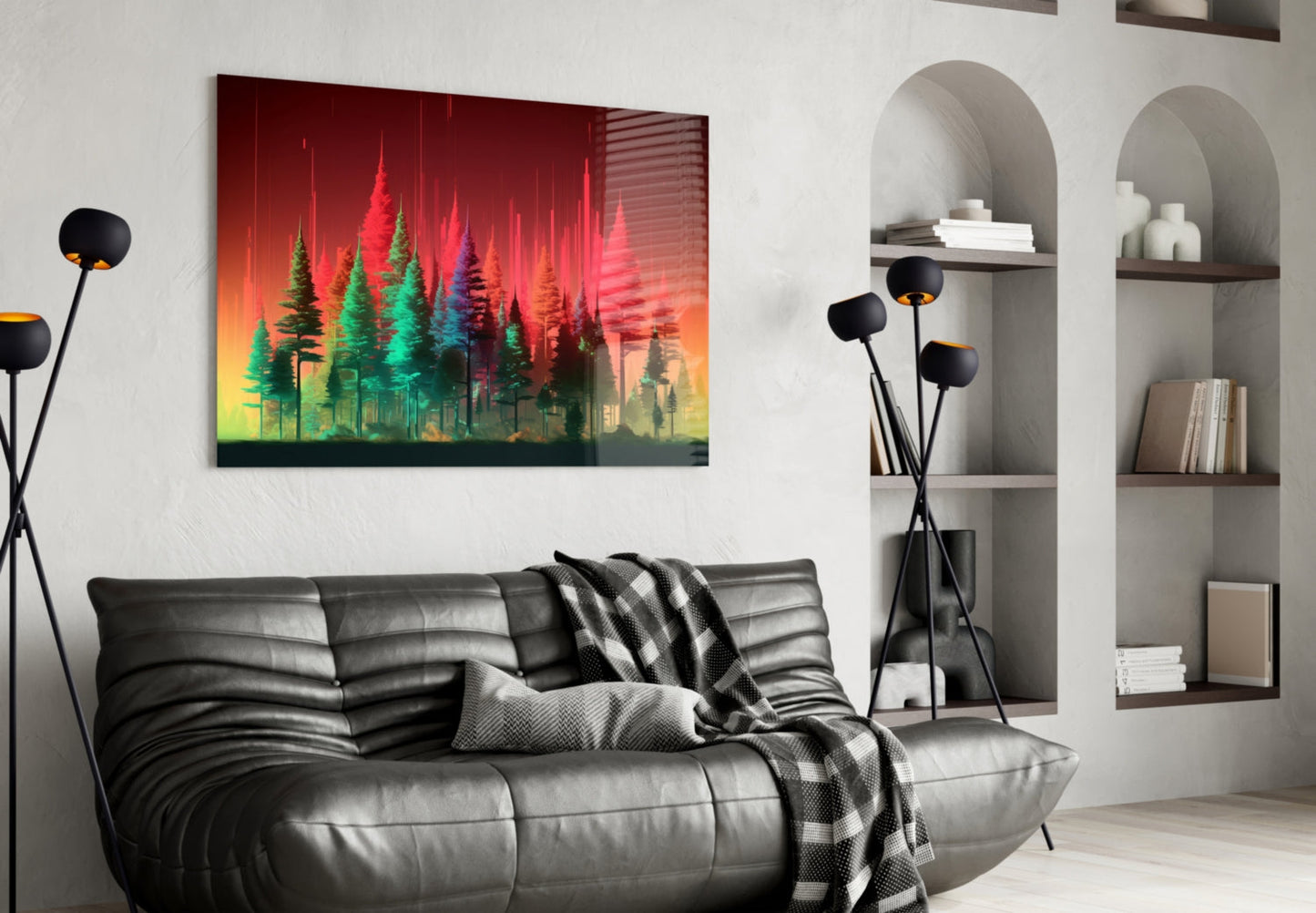 Neon Red Green Pine Forest Glass Wall Art