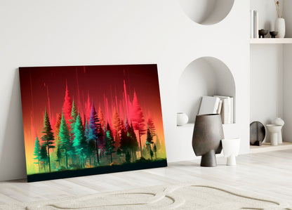 Neon Red Green Pine Forest Glass Wall Art