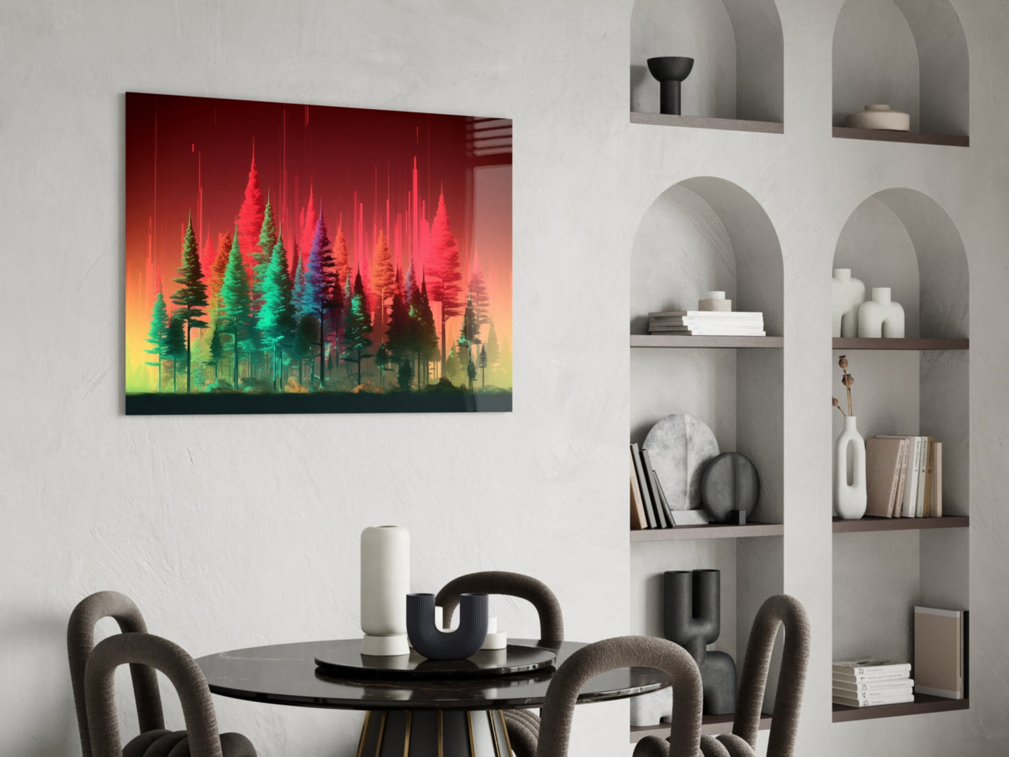 Neon Red Green Pine Forest Glass Wall Art