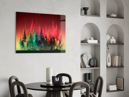 Neon Red Green Pine Forest Glass Wall Art
