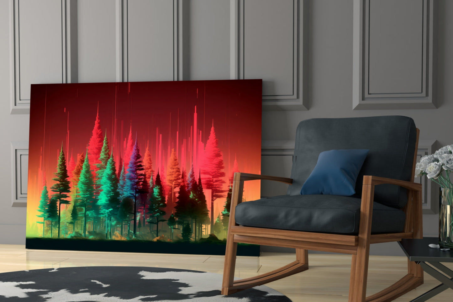 Neon Red Green Pine Forest Glass Wall Art