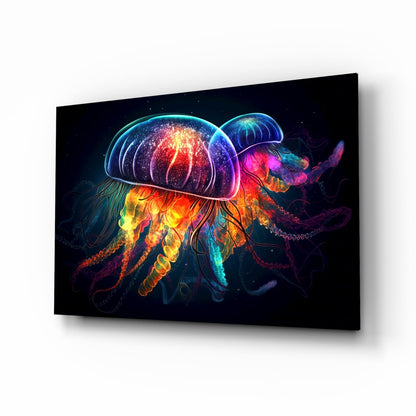 Neon jellyfish cosmic glow glass wall art