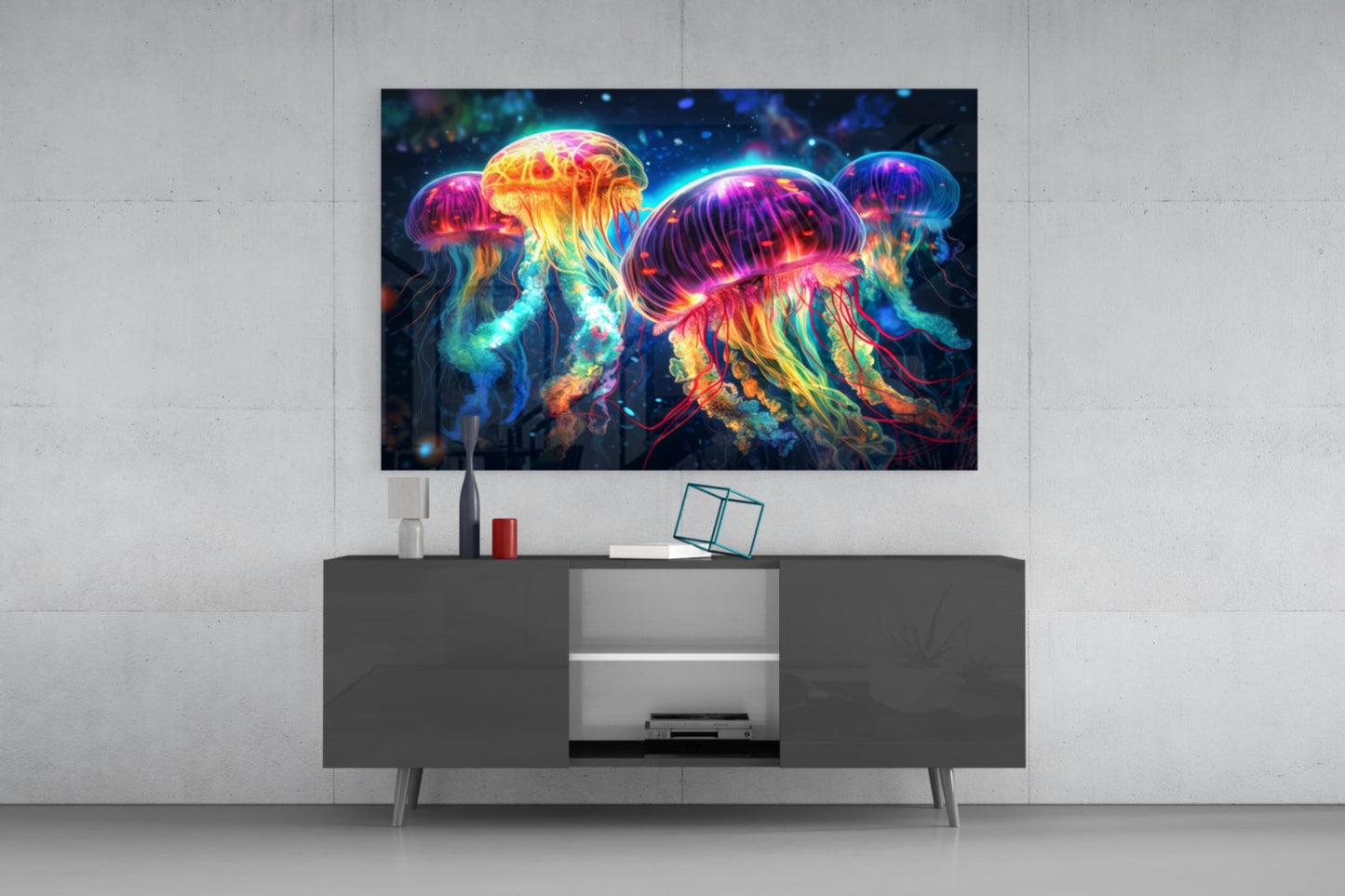 Neon Jellyfish Glass Wall Art