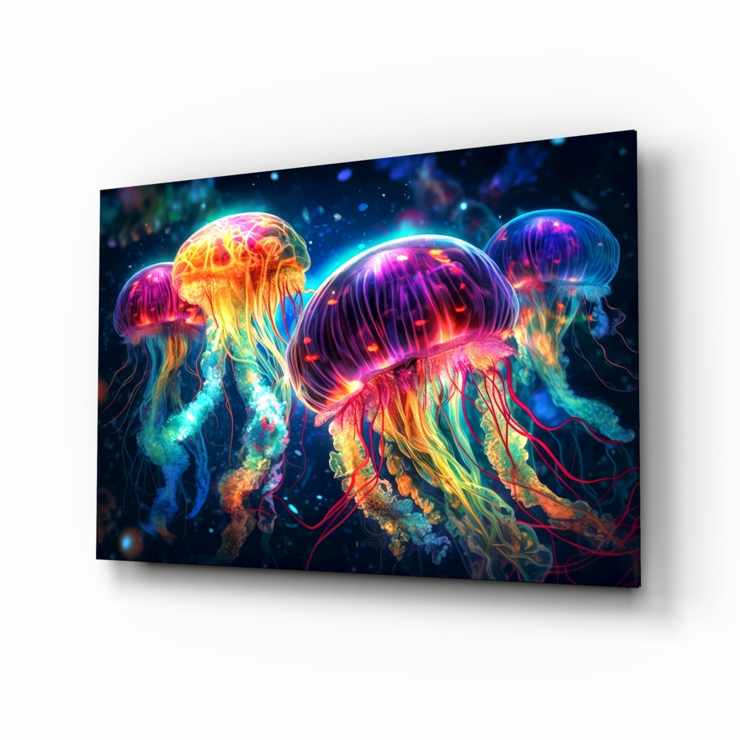 Neon jellyfish glass wall art, bioluminescent magenta-cobalt jellyfish cluster on deep navy