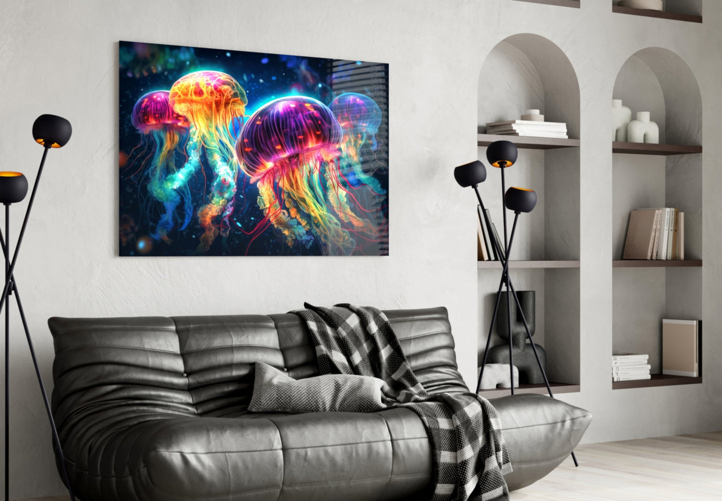 Neon Jellyfish Glass Wall Art