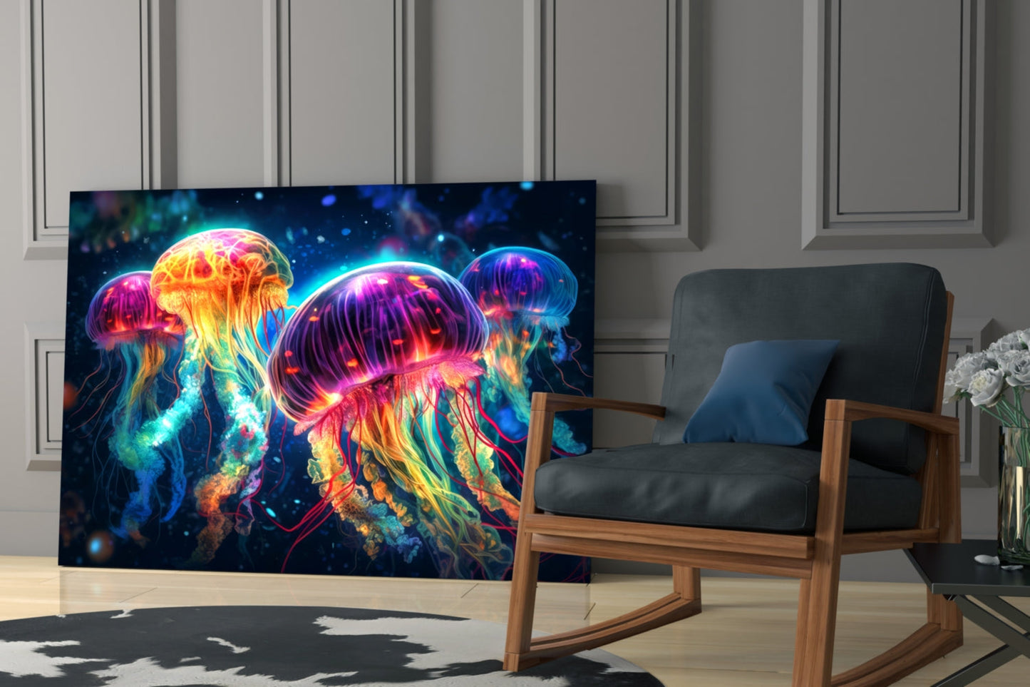 Neon Jellyfish Glass Wall Art