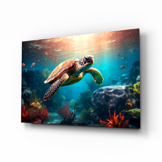 Sea turtle with tropical fish and scarlet coral reef in cinematic underwater glass wall art