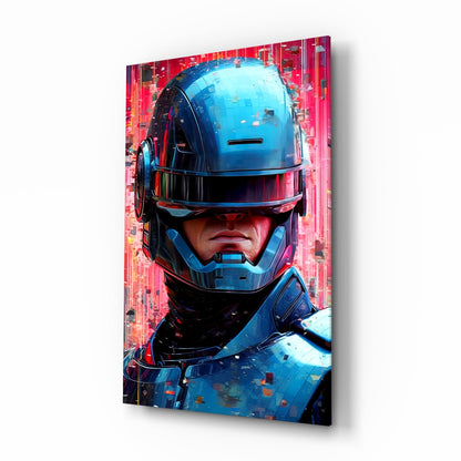 Futuristic robot enforcer glass wall art