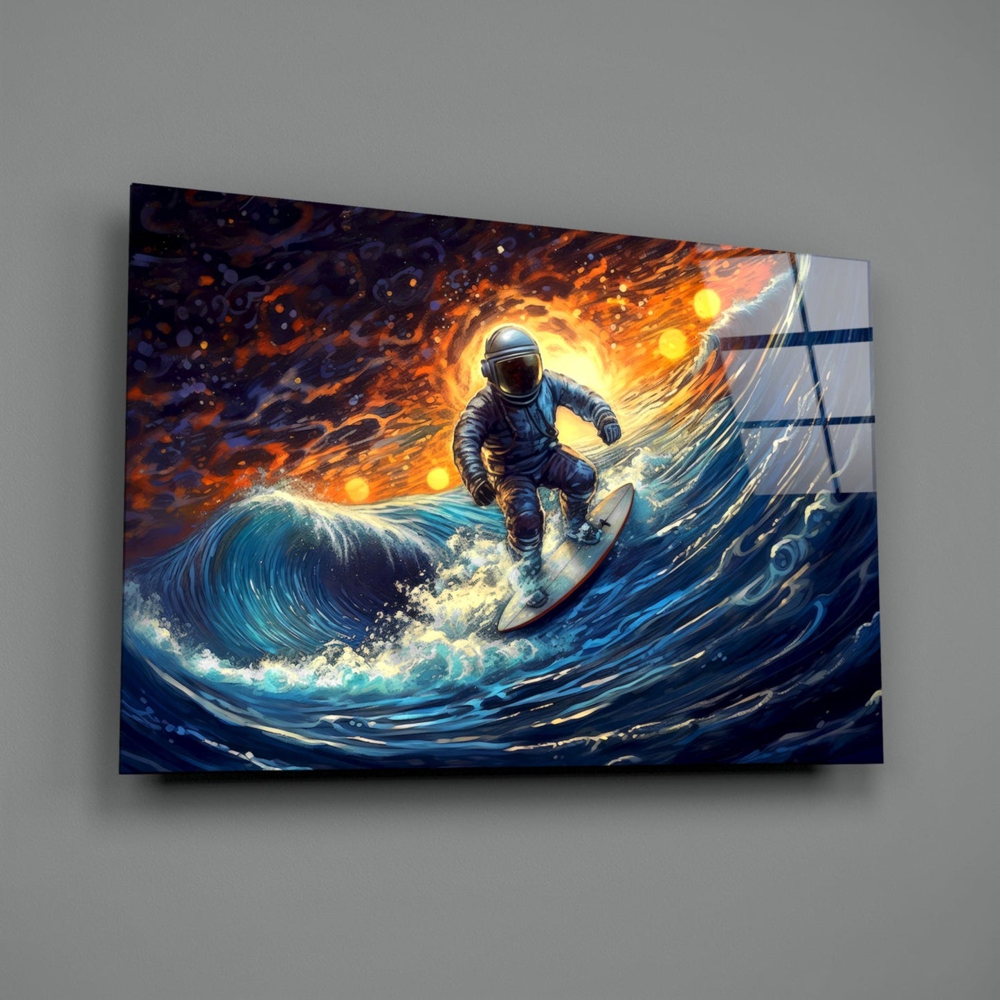 Surfing in Space Glass Wall Art