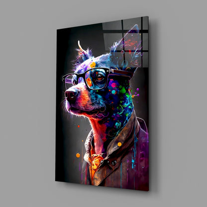 Neon splash dog in glasses glass wall art on a gray wall with window light reflected in the glossy glass