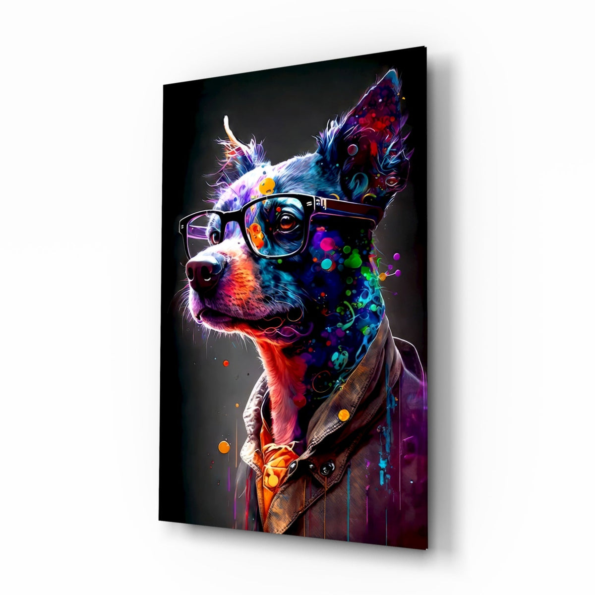 Dog in black glasses and a leather jacket with neon paint splashes on a dark background, glass wall art