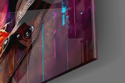 Close-up of the glossy tempered glass edge on the neon splash dog in glasses glass wall art