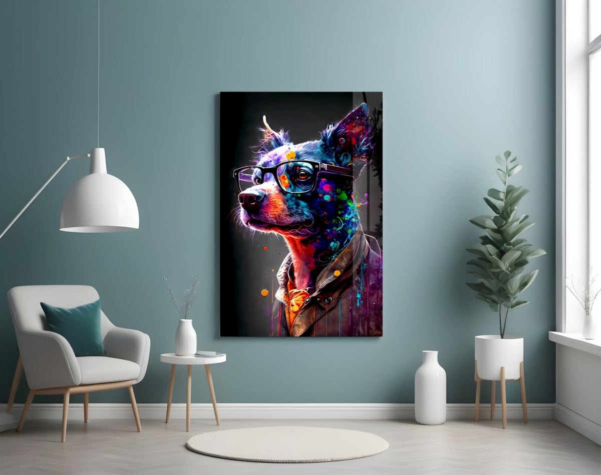 Neon splash dog in glasses glass wall art on a blue-gray wall above a cream armchair and a white pendant lamp