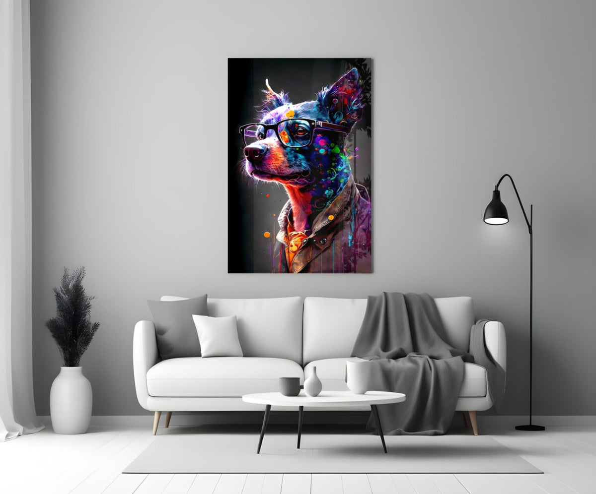 Neon splash dog in glasses glass wall art above a white sofa beside a black arc floor lamp