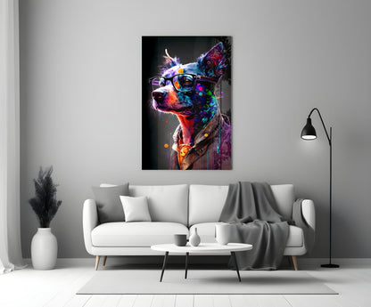 Neon splash dog in glasses glass wall art above a white sofa beside a black arc floor lamp
