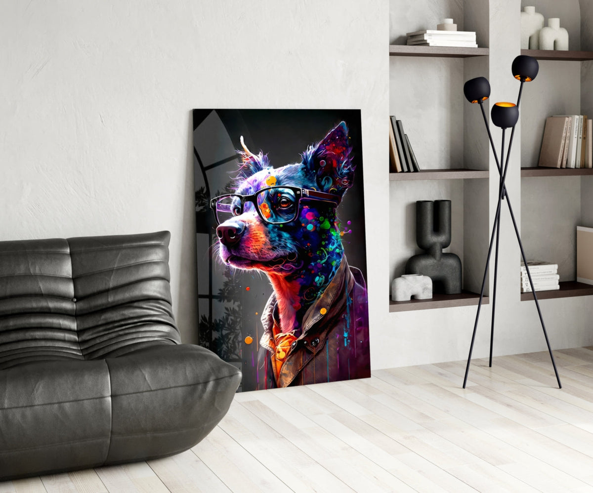Neon splash dog in glasses glass wall art leaning on a wall beside a black leather lounge chair and tripod lamp