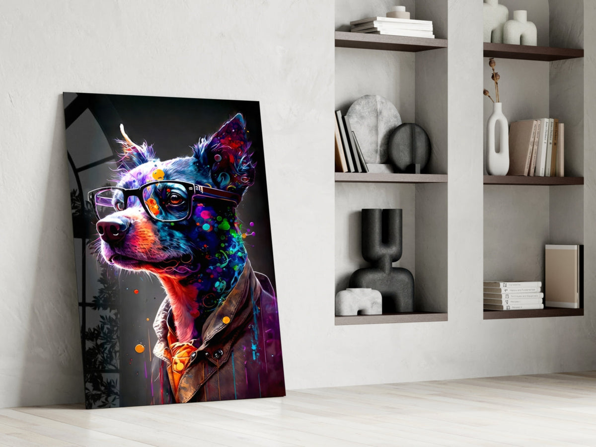 Neon splash dog in glasses glass wall art leaning against a wall in front of shelves with vases and books
