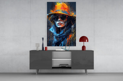 Fedora Sunglasses Woman Paint Splash Glass Wall Art