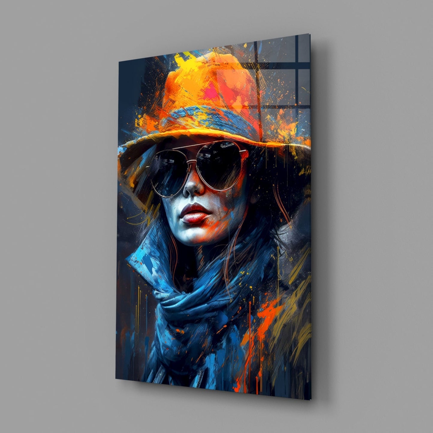 Fedora Sunglasses Woman Paint Splash Glass Wall Art