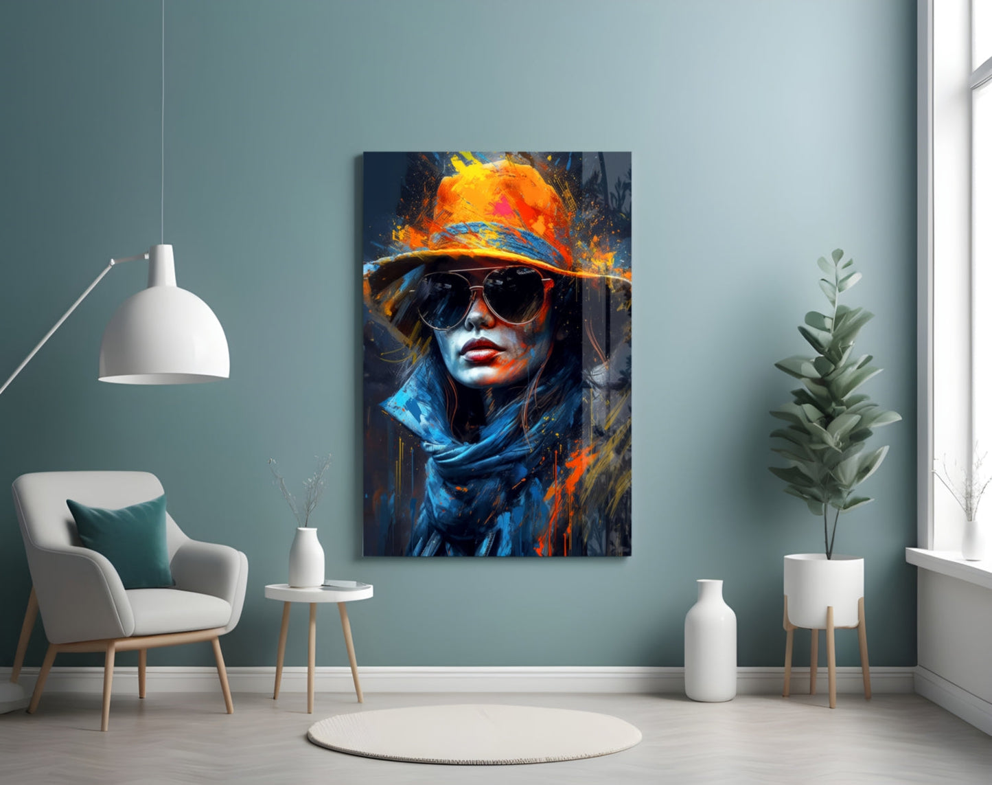 Fedora Sunglasses Woman Paint Splash Glass Wall Art