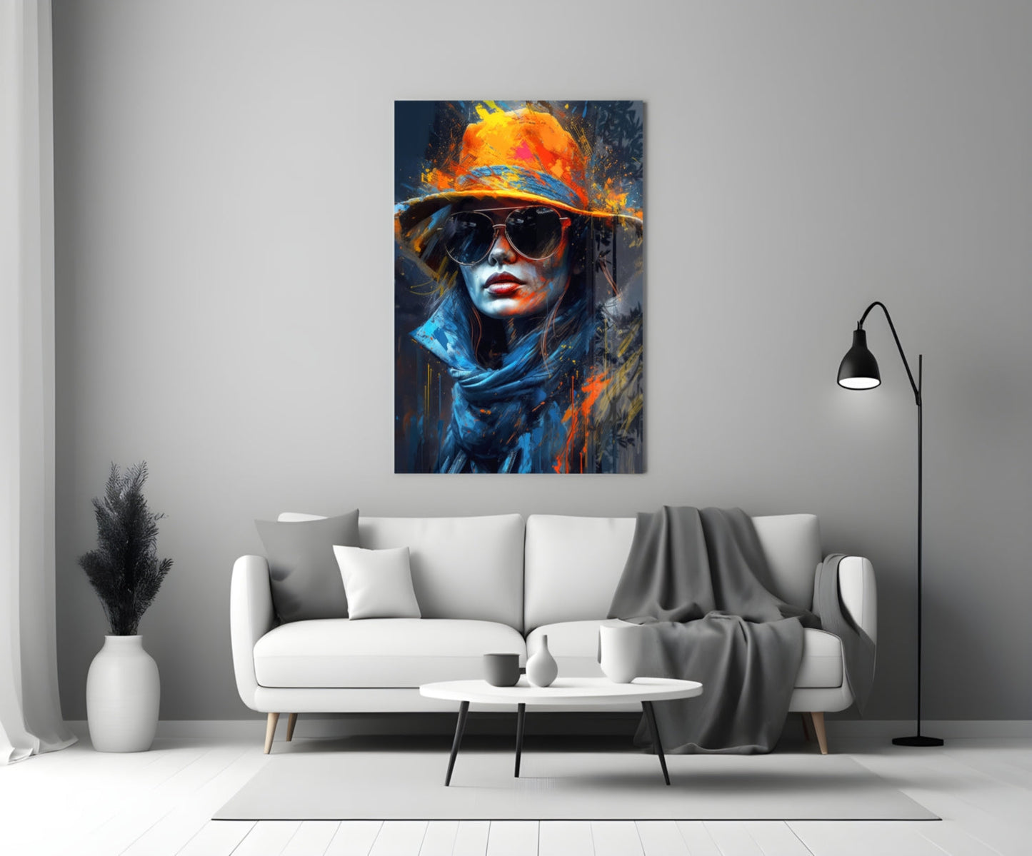 Fedora Sunglasses Woman Paint Splash Glass Wall Art