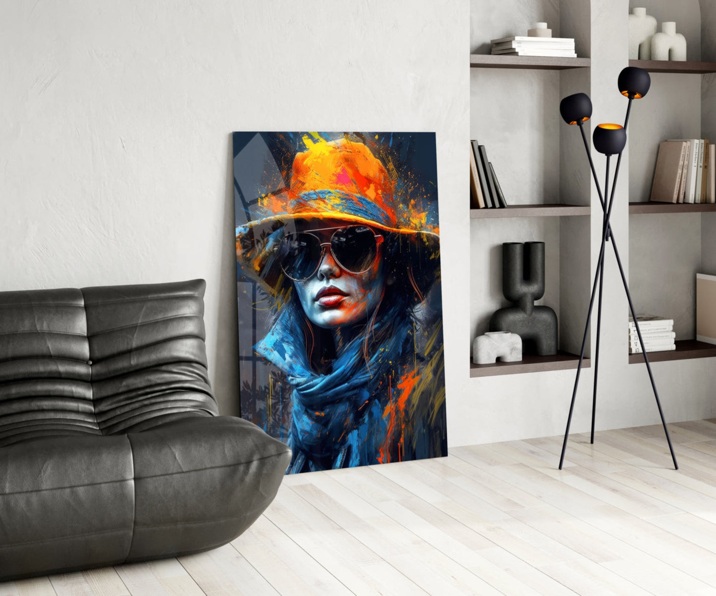 Fedora Sunglasses Woman Paint Splash Glass Wall Art