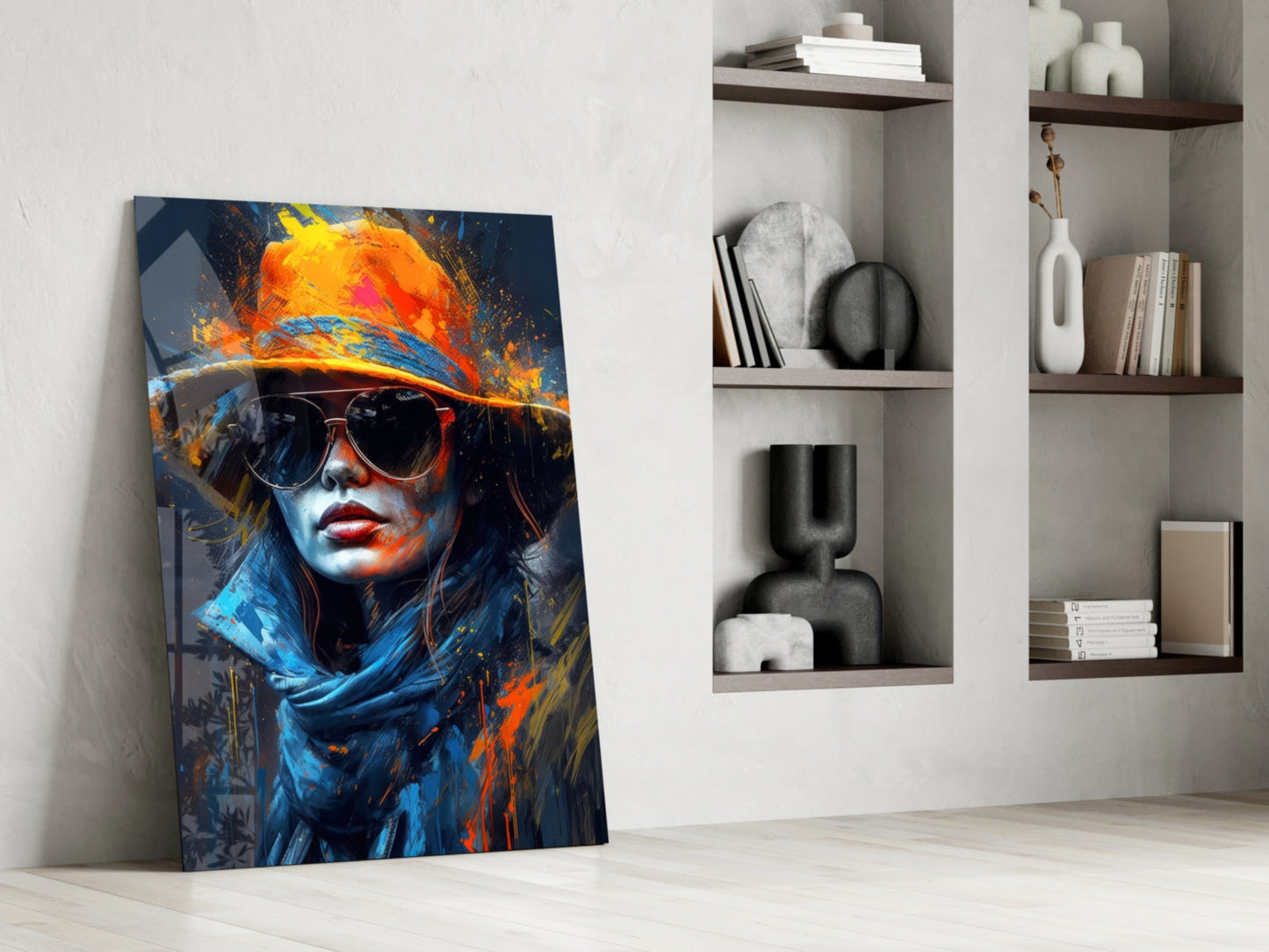 Fedora Sunglasses Woman Paint Splash Glass Wall Art