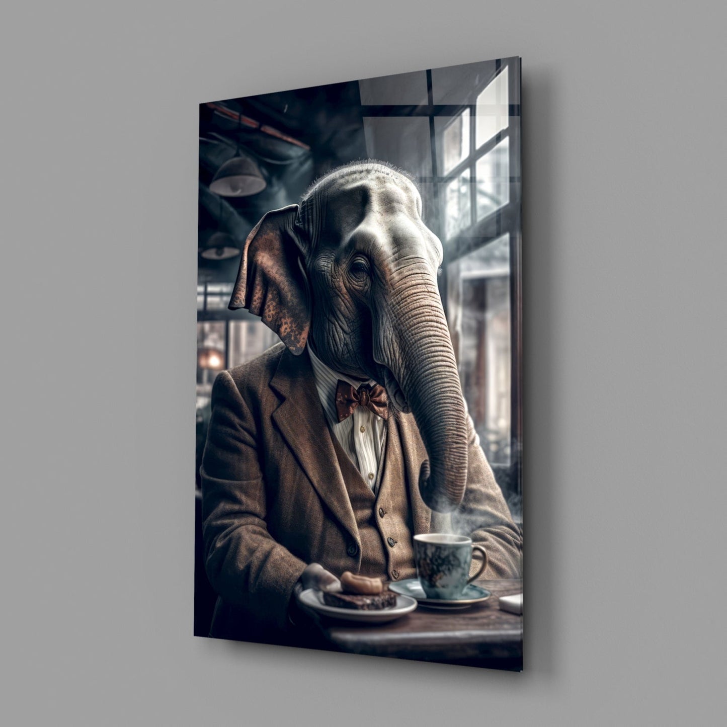 Gentleman Elephant in Tweed Glass Wall Art