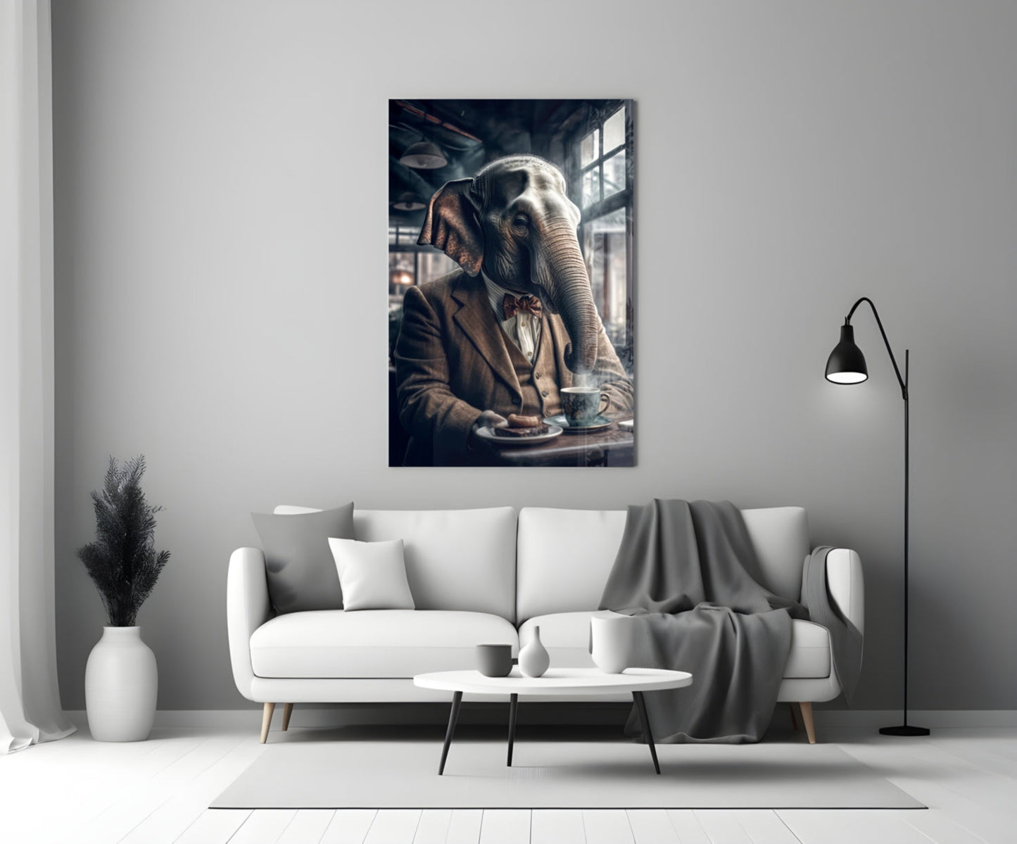 Gentleman Elephant in Tweed Glass Wall Art