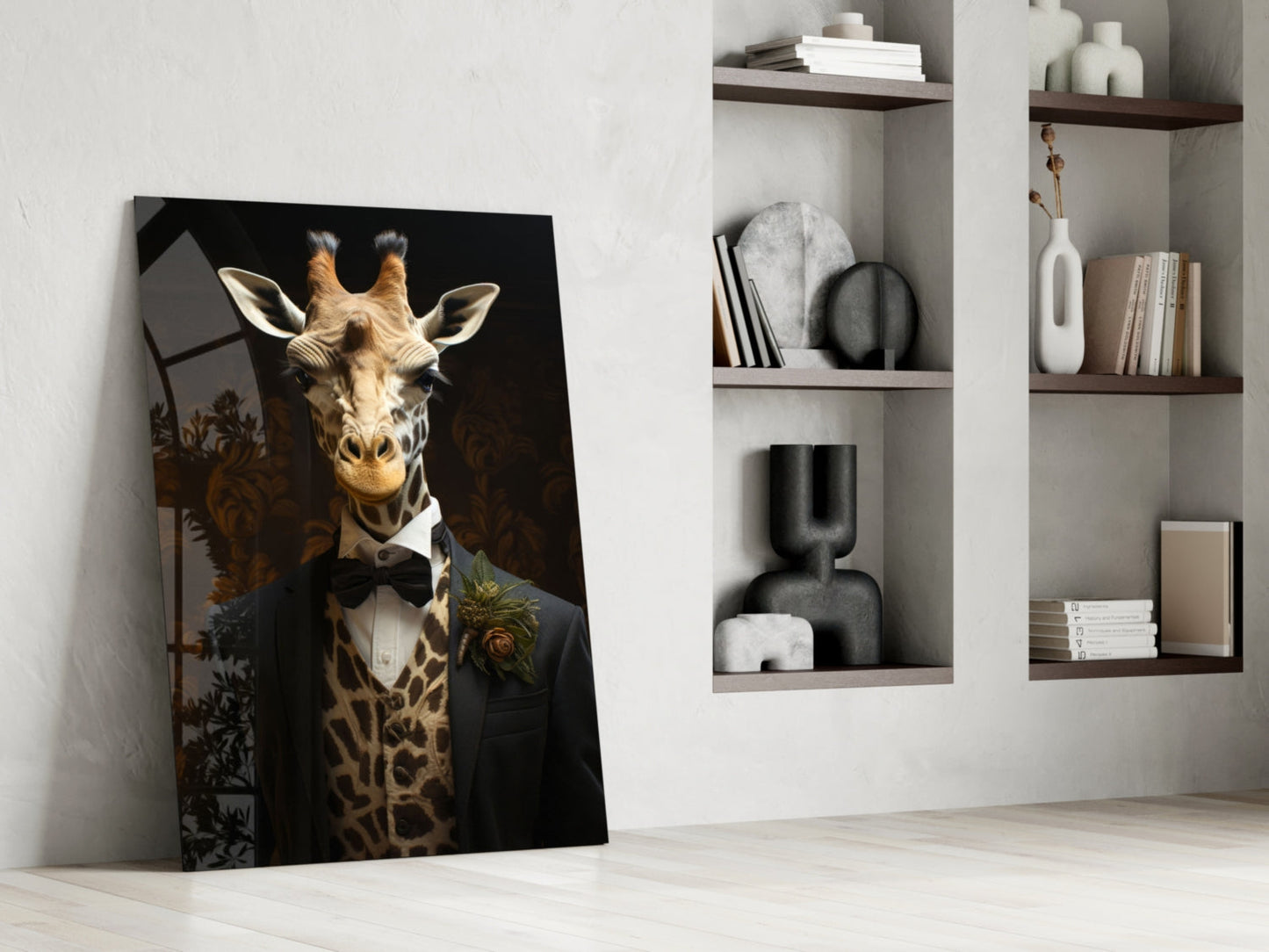 Giraffe In Tuxedo Bow Tie Glass Wall Art
