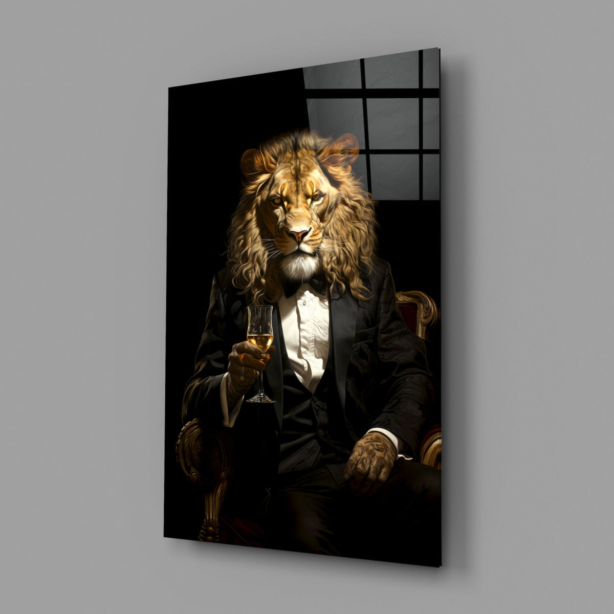 Tuxedo lion glass panel shown at an angle on a plain gray wall