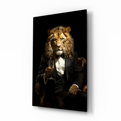 Golden-maned lion seated in a black tuxedo and white shirt on a charcoal background, printed on glass, shown on white