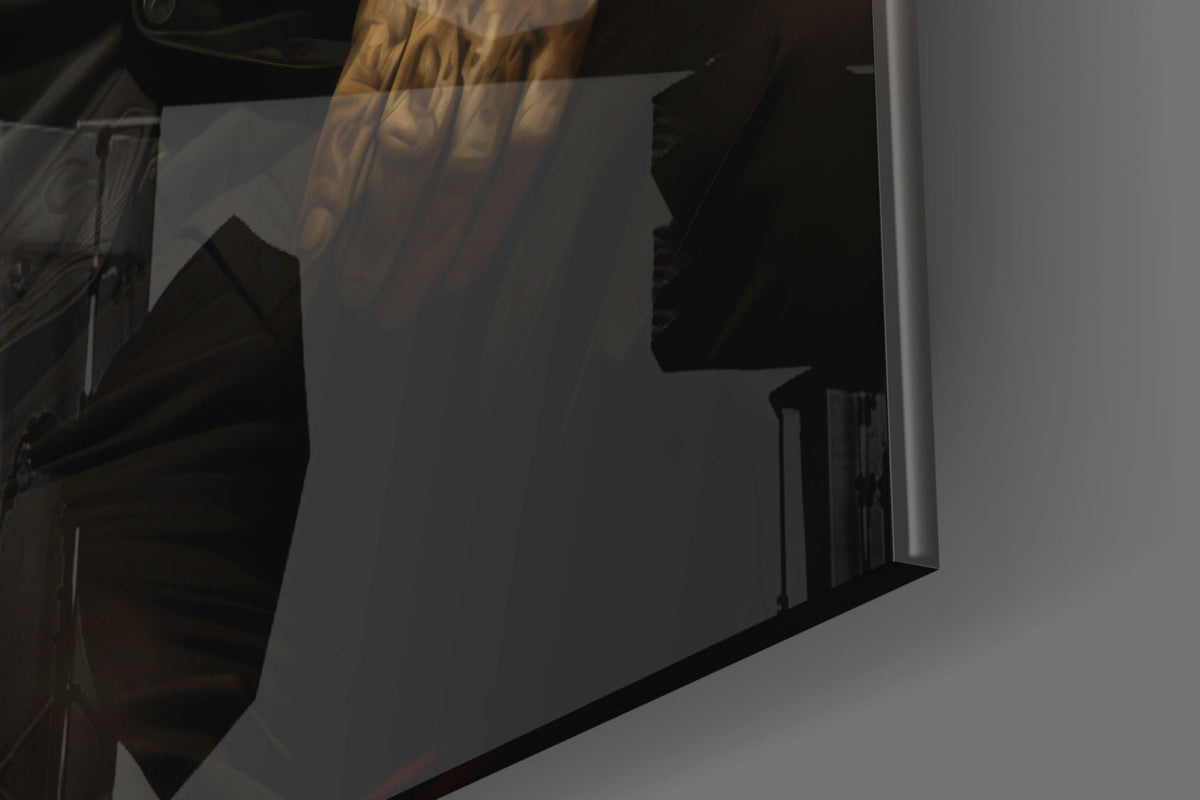 Close-up of the glossy tempered glass edge on the tuxedo lion artwork