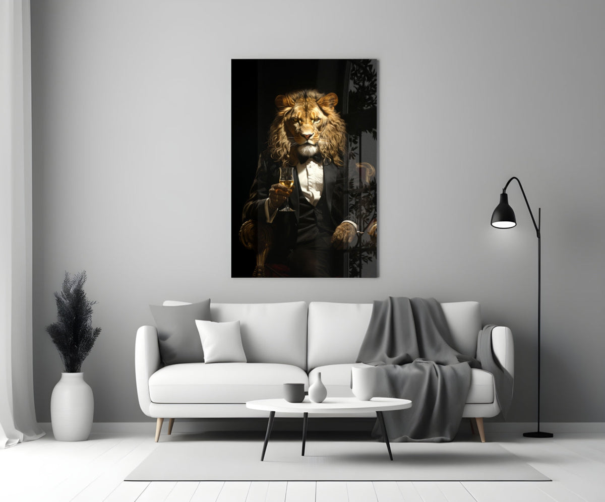 Tuxedo lion glass wall art above a white sofa in a gray living room with a floor lamp