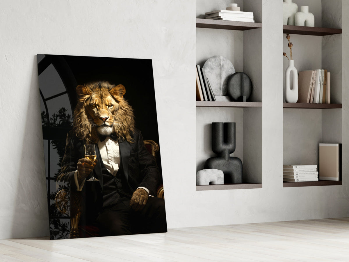 Tuxedo lion glass piece leaning beside white shelves with vases and books