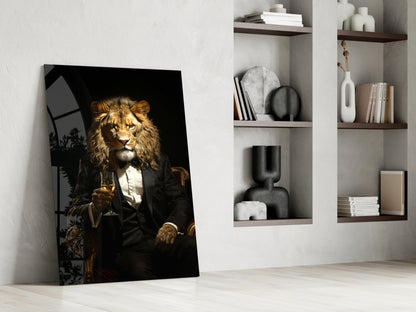 Tuxedo lion glass piece leaning beside white shelves with vases and books