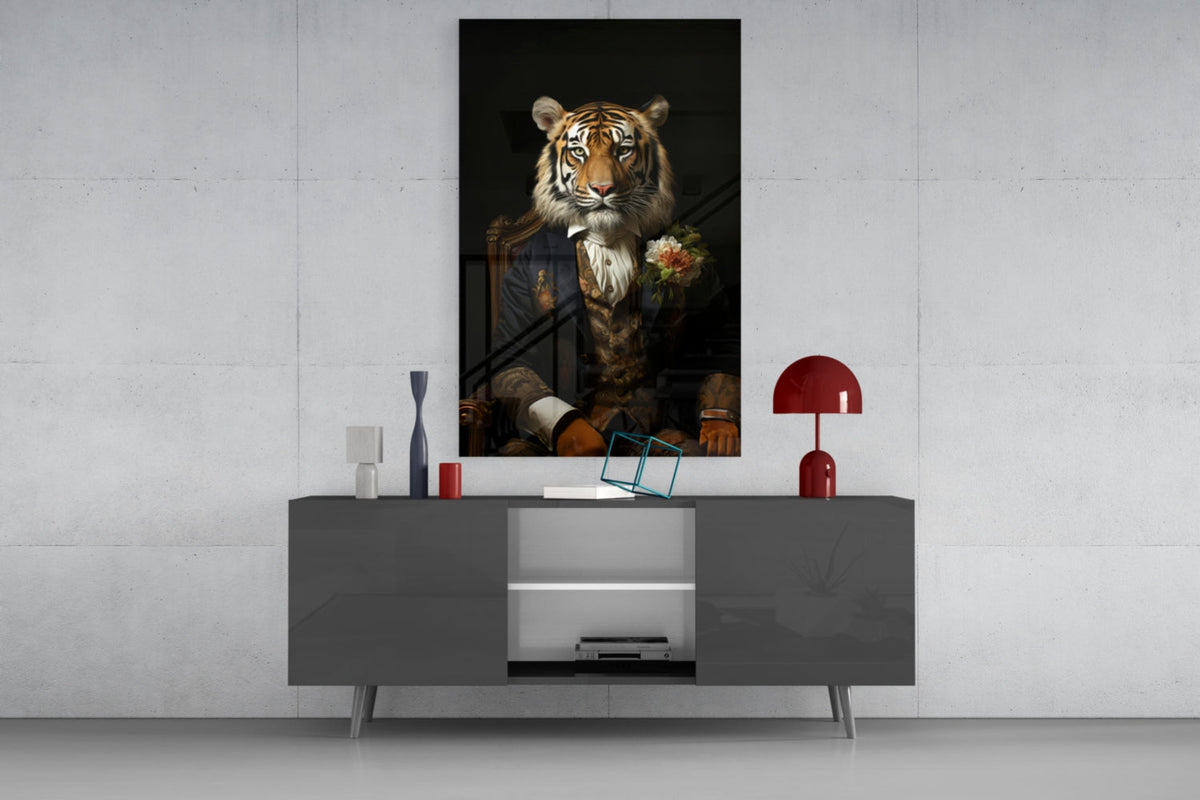 Tiger gentleman with a boutonniere glass wall art above a gray sideboard with a red table lamp