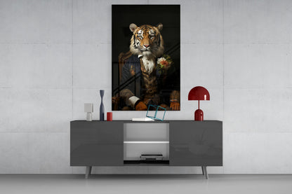 Tiger gentleman with a boutonniere glass wall art above a gray sideboard with a red table lamp