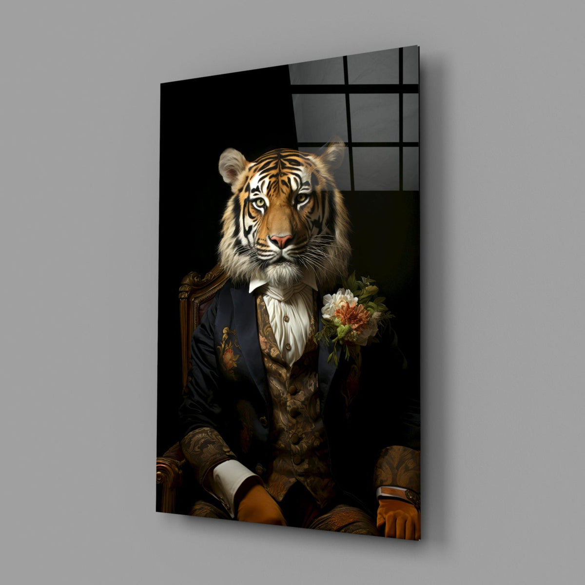 Tiger gentleman with a boutonniere glass wall art on a plain gray wall
