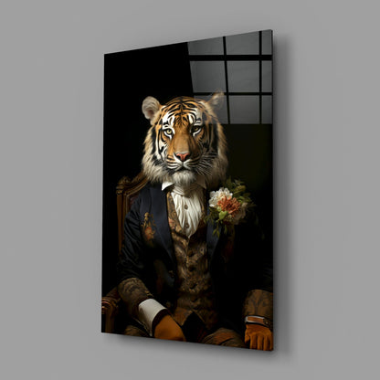 Tiger gentleman with a boutonniere glass wall art on a plain gray wall
