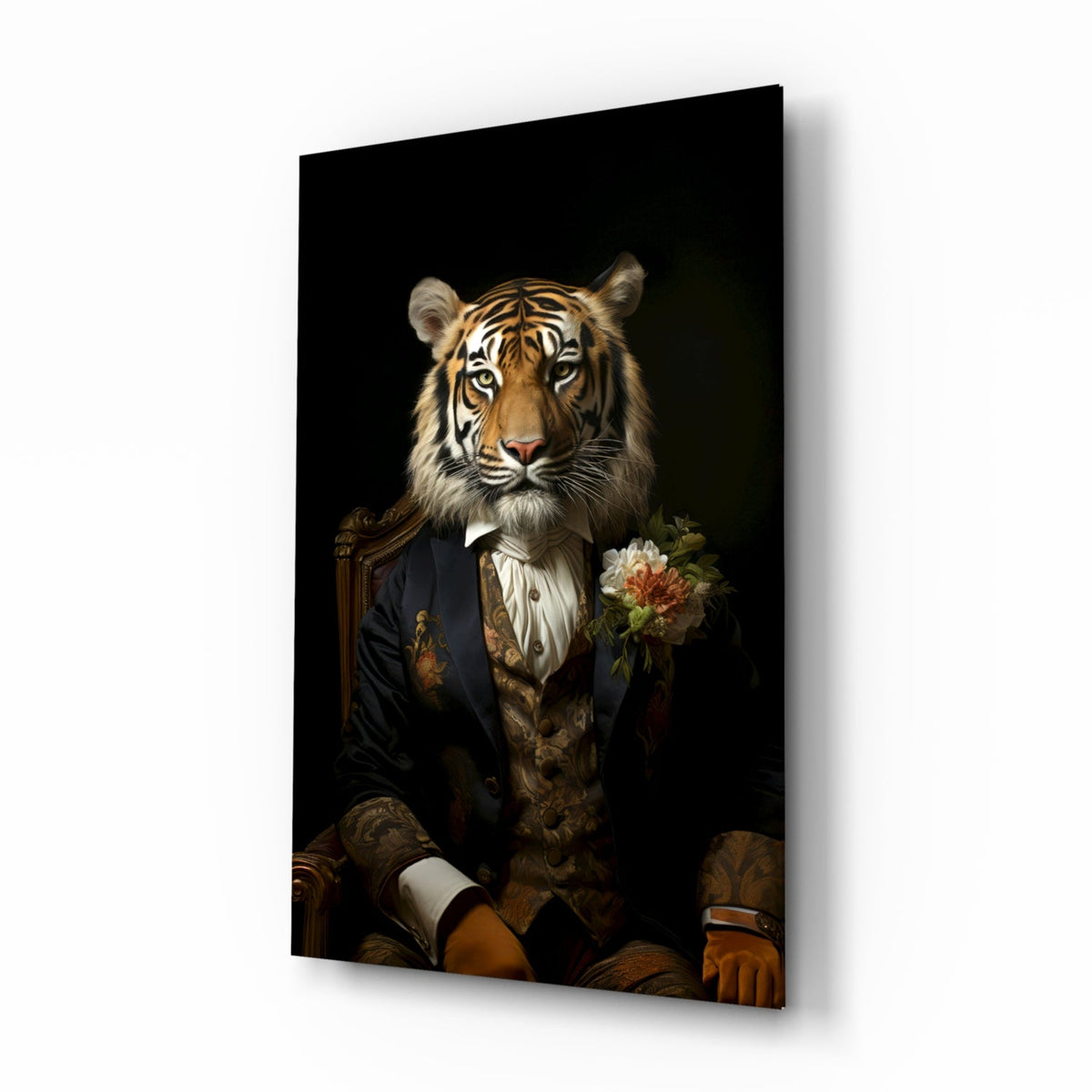 Tiger gentleman with a boutonniere glass wall art on a white background, angled to show the glass