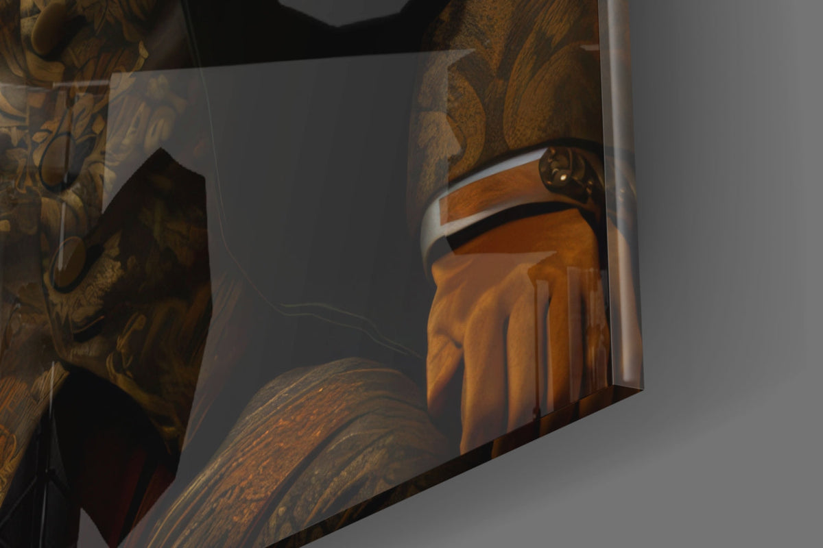 Tiger gentleman with a boutonniere glass wall art edge close-up showing the glossy tempered glass surface