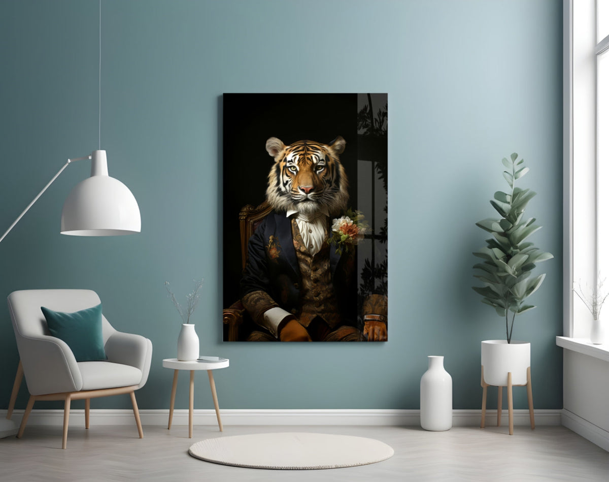 Tiger gentleman with a boutonniere glass wall art on a pale blue wall above a white armchair and side table