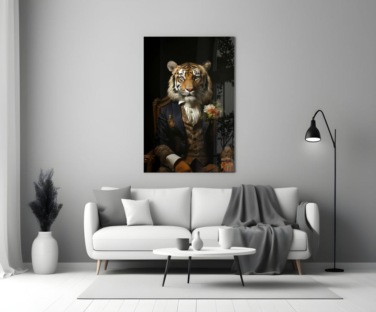 Tiger gentleman with a boutonniere glass wall art on a white wall beside a white sofa, gray throw and black floor lamp