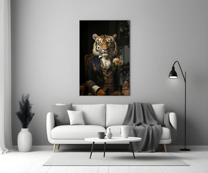 Tiger gentleman with a boutonniere glass wall art on a white wall beside a white sofa, gray throw and black floor lamp