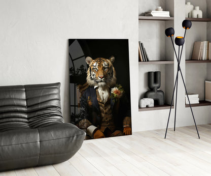 Tiger gentleman with a boutonniere glass wall art leaning on a white floor beside a black leather lounge chair and floor lamp