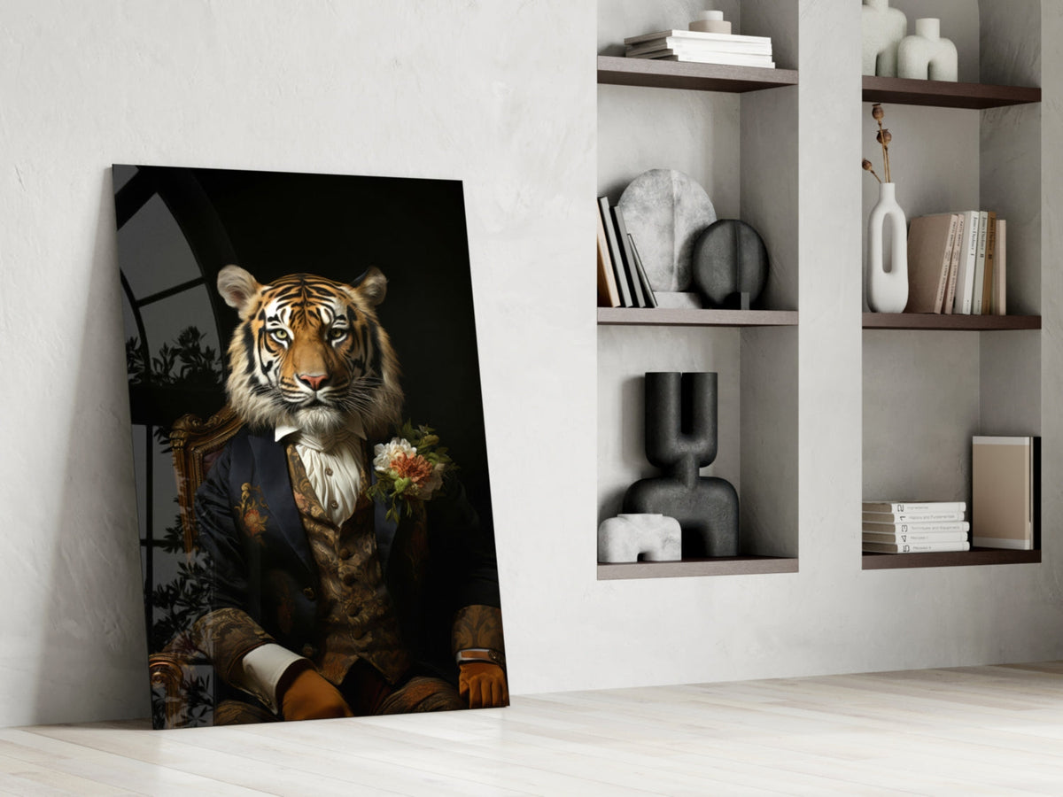 Tiger gentleman with a boutonniere glass wall art leaning against a white wall beside built-in shelves with vases