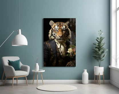 Brocade Suit Tiger With Cravat Glass Wall Art