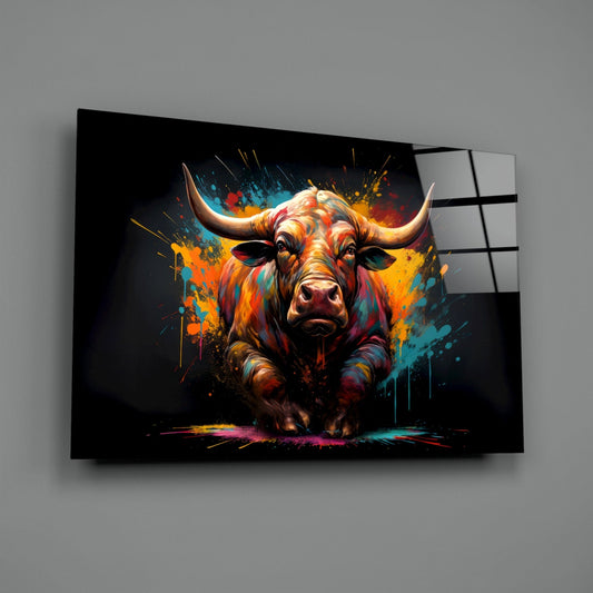 Paint splash bull glass wall art on a plain gray wall